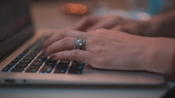 Woman Typing Laptop Depth Field Light Bokeh Prores — Stockvideo