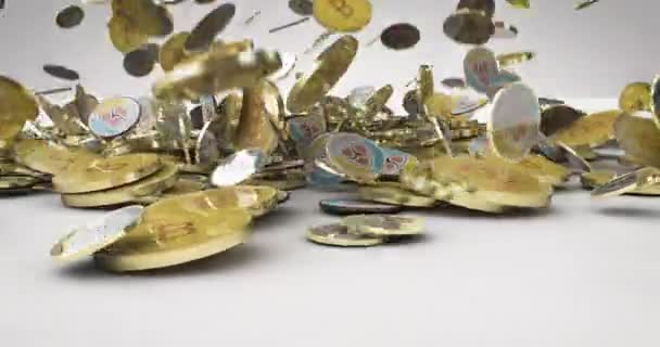 Gold Rendering Bitcoin Cryptocurrency Falling White Surface — Vídeo de Stock