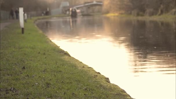 Canal Barge Distance Sun Sets — Wideo stockowe