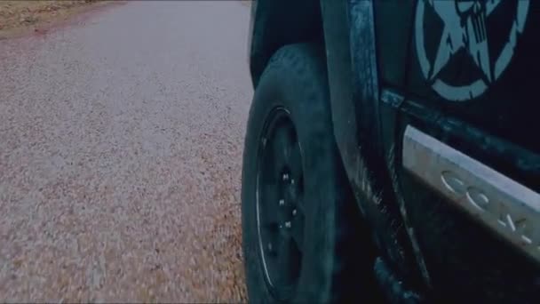 Close Jeep Wheel Driving Road Park — Video