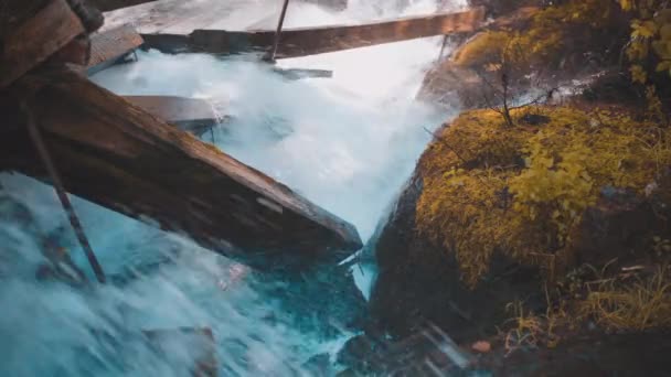 Rushing Water Rapids Running Log Chute Crashing Damaged Moss Covered — Wideo stockowe