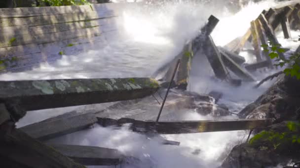 Rushing Water Rapids Flowing Log Chute Crashing Damaged Wooden Beams — Stockvideo