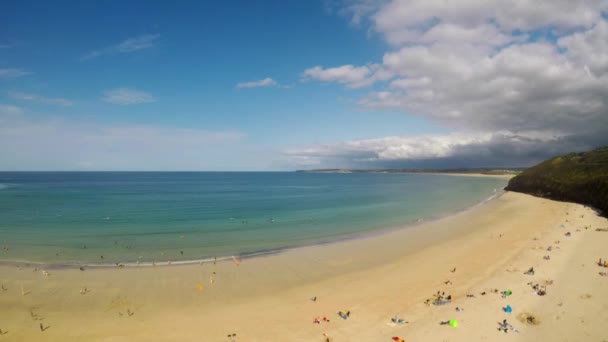 Aerial View Beach Seaside Coastline Carbis Bay Ives Cornwall Penzance — Vídeo de Stock