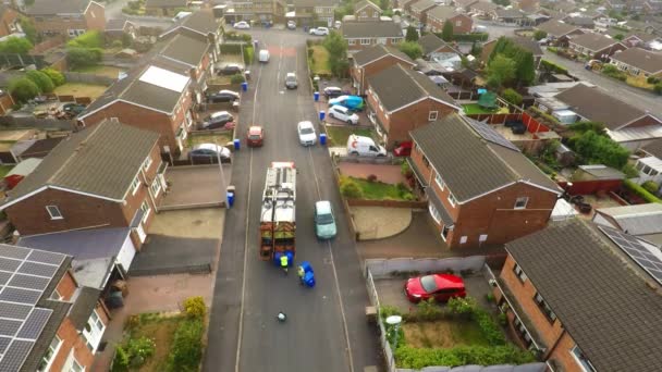 Aerial View Footage Dustmen Putting Recycling Waste Garbage Truck Bin — Wideo stockowe