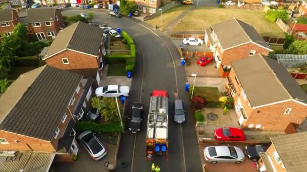 Aerial View Footage Dustmen Putting Recycling Waste Garbage Truck Bin — Vídeo de stock