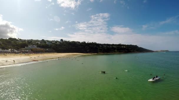 Aerial View Beach Seaside Coastline Carbis Bay Ives Cornwall Penzance — Αρχείο Βίντεο