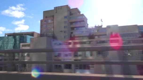 Dramatic Side View Various Buildings Architecture Moving Vehicle Highway — Vídeo de Stock