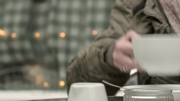 Woman Enjoying Hot Drink Street Cafe — Wideo stockowe