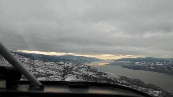 Small Aeroplane Cockpit View Sunset Mountains — Stock Video