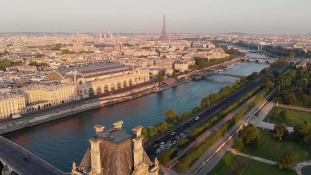 Aerial View Senas River Eiffel Tower Background Sunrise Paris France — Vídeo de Stock