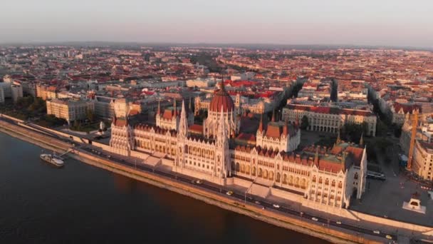 Вид Повітря Парламент Угорщини Заході Сонця Будапешт Угорщина — стокове відео