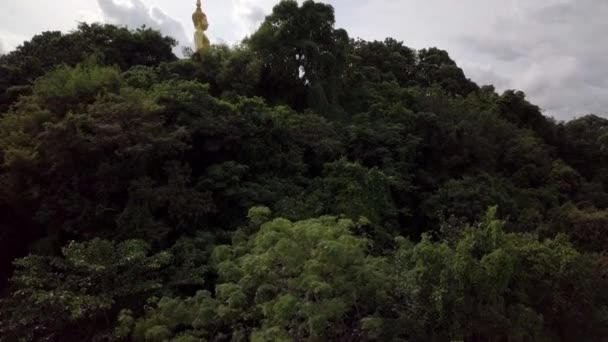 Slow Aerial Shot Revealing Statue Buddha Temple Fields Distance — Stockvideo