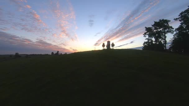 Slow Aerial Shot Flying Hill Shrine Revealing Horizon Sunrise — Wideo stockowe