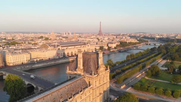 Aerial View Senas River Eiffel Tower Background Sunrise Paris France — Vídeo de Stock