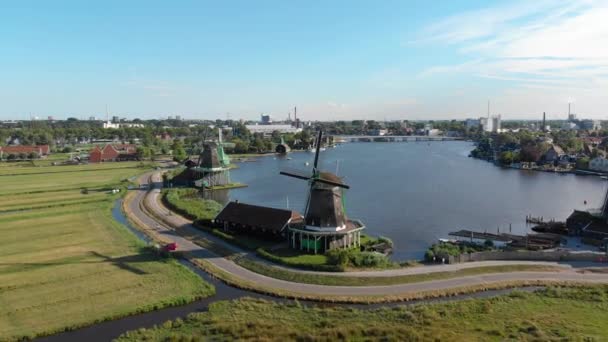 Letecké Větrné Mlýny Zaanse Schans Amsterdam Nizozemsko — Stock video