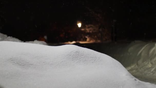 Still Shot Snow Falling Beautiful Pile Snow Side Road — Stock Video