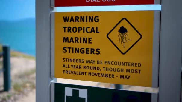 Close Shot Marine Stinger Warning Sign Bright Sunny Day Australia — Stockvideo