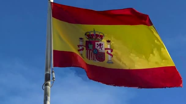Spanish Flag Slowly Waving Wind Isolated Blue Sky — Video Stock