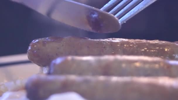 Cutting Sausage Knife Fork — Stock Video