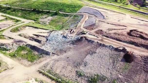 Drone Circling Arc Large Pile Rubbish Landfill Site Surrounded Green — Video