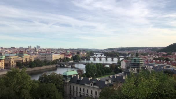 View Prague Multiple Bridges Crossing Vltava River Clear Day Uhd — Vídeo de Stock