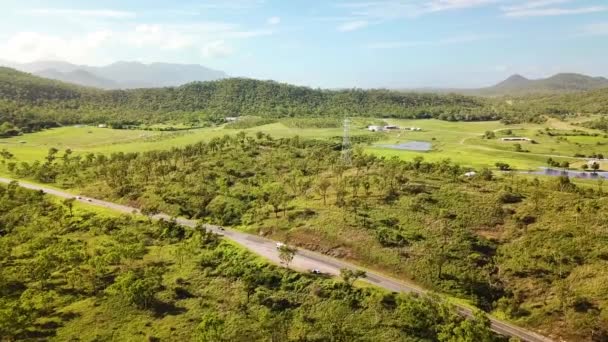 Drone Flying Highway Surrounded Green Landscape Mountains Background — Stock Video