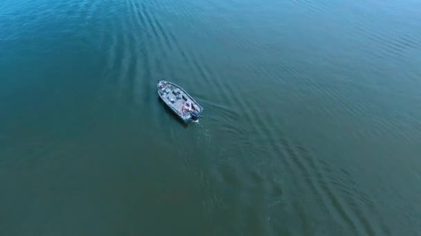 Drone Footage Camouflage Bass Boat Idling Small Lake Southern Illinois — Vídeos de Stock