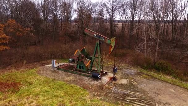 Fully Working Pump Jack Edge Field Winter Trees Background Pumpjack — Vídeo de Stock