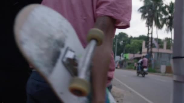 Girl Walking Her Skate Side Road Slow Motion — Wideo stockowe