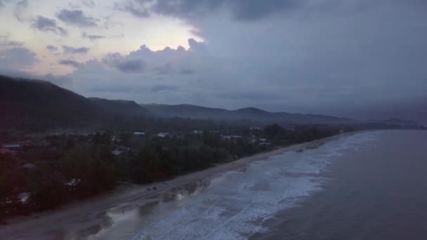 Aerial View Dramatic Landscape Island Sunrise Camera Slowly Moving Backward — ストック動画