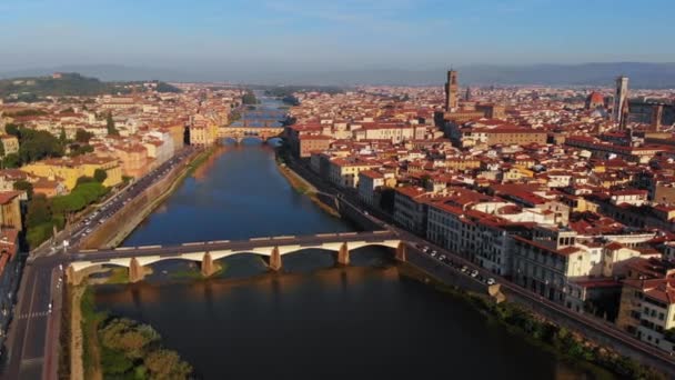 Aerial View Arno River City Morning Florence Italy — Vídeos de Stock