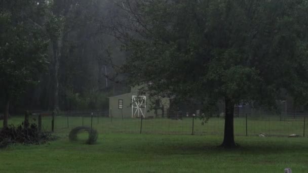 Heavy Downpour Rain Hurricane Country Trees Blowing Wind Barn Background — Stockvideo