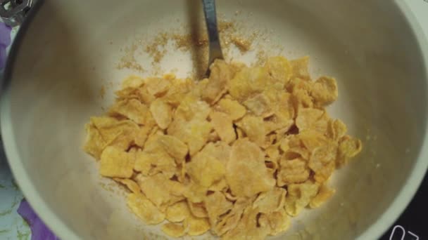 Pouring Milk Ontop Cornflakes Slowmotion — Stok video