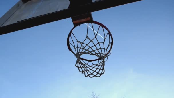 View Basketball Backboard Net Blue Sky Jet Flying Horizon — Stockvideo
