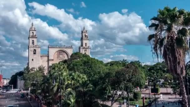 Zooming Tight Cathedral Plaza Grande Clouds Swirl Merida Mexico — Video