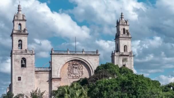 Time Lapse Very Large Cathedral Merida Mexico Plaza Grande — Video Stock