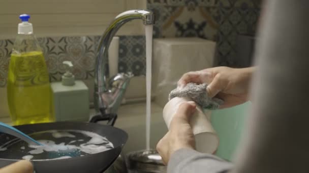 Close Hands Washing Mug Sponge — Video Stock
