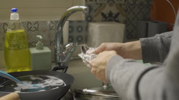 Washing Kitchen Utensils Hand Sunny Day — Stockvideo