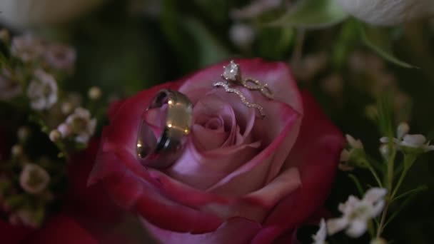 Close Bride Groom Wedding Rings Placed Bouquet Beautiful Flowers Slow — Vídeo de Stock