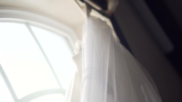 Close Top Beautiful Wedding Dress Hangs Large Window Sill — 图库视频影像