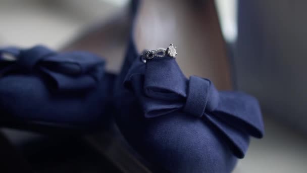 Bride Wedding Ring Sits Top Her Shoes Large Window Sill — стокове відео