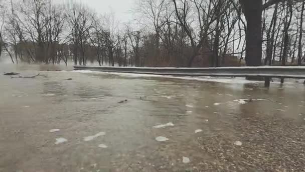 Right Left Pan Shot Rising Flood Waters Flowing Road Running — Vídeos de Stock