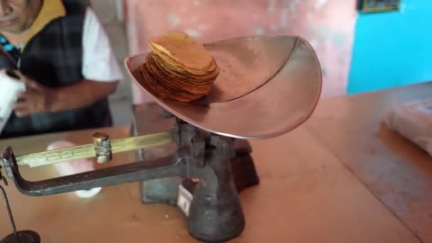 Kilo Stack Freshly Made Tortillas Sitting Scale Being Weighed — Videoclip de stoc