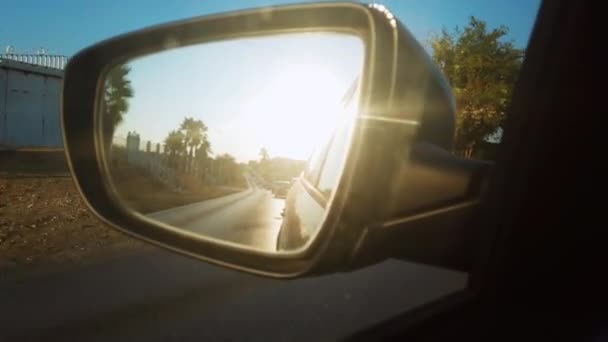 Looking Rear View Mirror World Road Late Afternoon See Golden — Vídeos de Stock