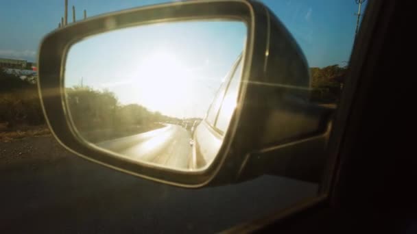 Looking Rear View Mirror World Road Late Afternoon See Golden — Stock video