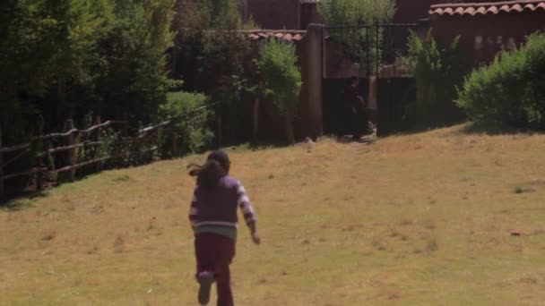 Young Peruvian Elementary School Age Girl Running Edge Gate School — Video Stock