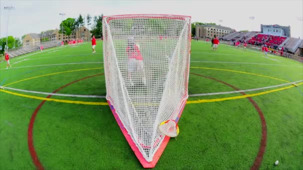 Time Lapse Shot Lacrosse Game Warmups Shot Taken Goal Net — Vídeos de Stock