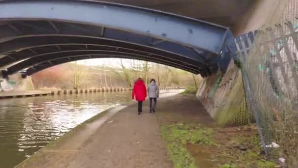 Women Take Walk Former Industrial Canal Stoke Trent Poverty Stricken — Stockvideo