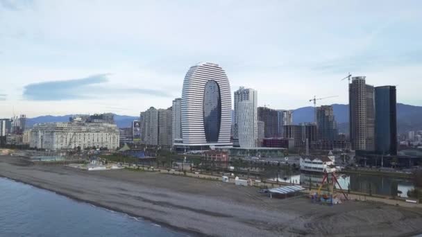 Aerial View Modern Building Marriott Hotel Water Channel Batumi Georgia — Stockvideo