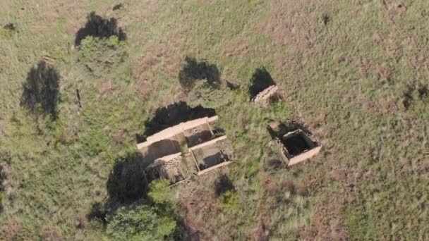 Aerial Κυκλώνουν Παλιά Ερείπια Ένα Πράσινο Πεδίο Αργά Απόγευμα — Αρχείο Βίντεο